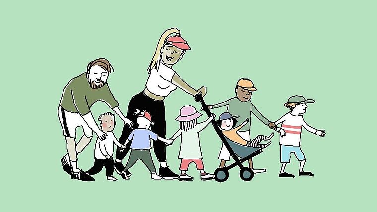Eine Gruppe von Kindern in Begleitung von zwei Erwachsenen – illustratives Bild Familienergänzende Kinderbetreuung