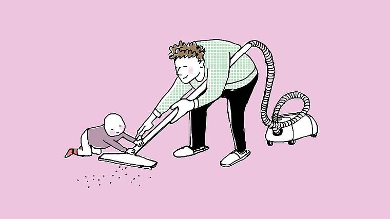 un père passe l'aspirateur avec son enfant - image d'illustration répartition des tâches au sein de la famille