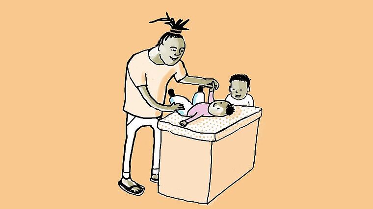 Ein Vater, der sein Kind wickelt - Illustrationsbild zum Elternzeit